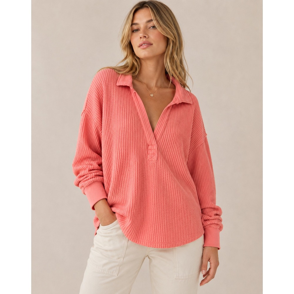 Torrid Waffle Knit Top Women Sz 2X Pink Slouchy V Neck Long Sleeve Thermal